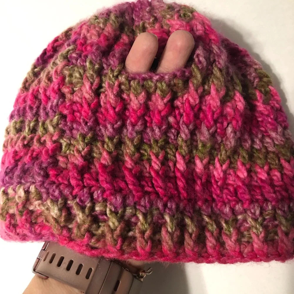 Handmade crochet knit winter‎ hat with pony hole pink and brown tones fits women